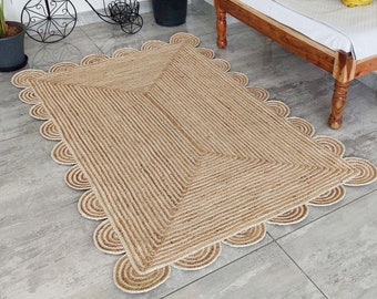 Scalloped Natural Jute Rug, Scallop Edge Bohemian Jute Rug, Custom Size Rug, Boho Decor Rug, Eco Friendly Shape Rug