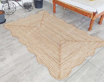 Scalloped Jute Rug, Boho Rug Natural Jute Rug, Bohemian Jute Rug, Custom Size Rug, Handmade Area Rug, Fall Decor Rug