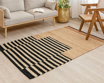 Black Striped Natural Jute Rug, Custom Size Rug, Entryway Runner, Boho Jute Rug, Jute Area Rug, Handwoven Jute Rug, Jute Hemp Sisal Rug