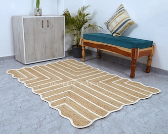 Alfombra de yute festoneada, alfombra de vieira ondulada, alfombra de decoración boho, alfombra trenzada a mano, alfombra de área de yute natural, alfombra de yute tejida a mano, alfombra de tamaño personalizado