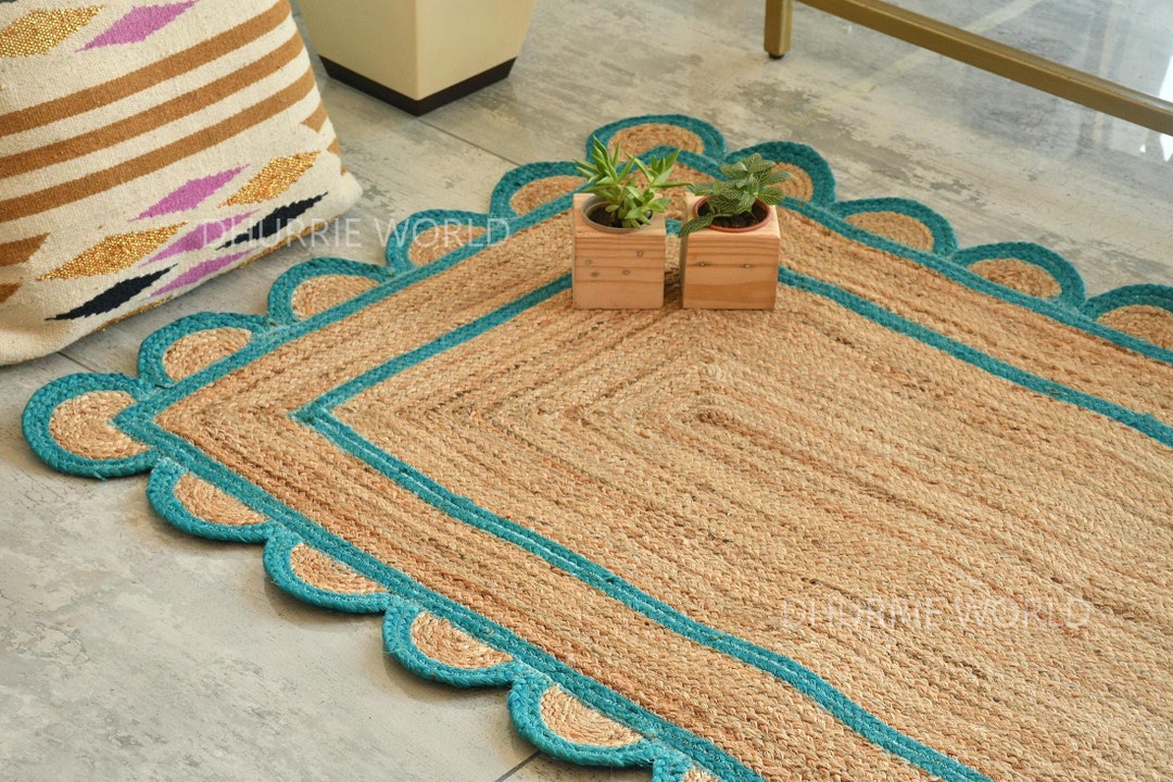 Scalloped Jute Rug, Boho Jute Rug, Scalloped Edge Rug, Custom Size Rug