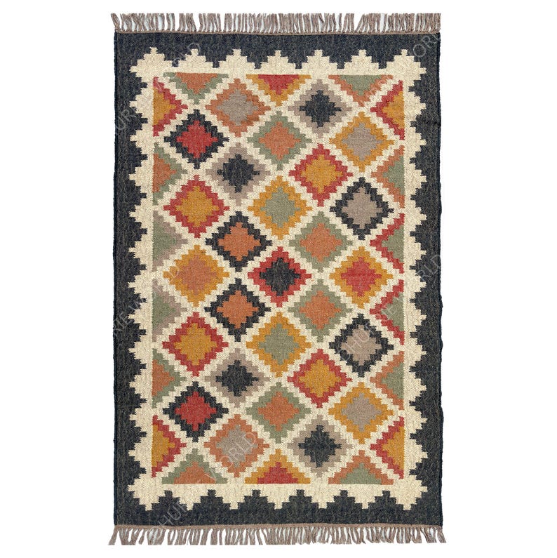 May include: A rectangular jute rug with a geometric pattern of black, red, orange, yellow, green, and beige diamonds. The rug has a black border with a fringe.