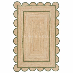 Scalloped Jute Rug, Emerald Green Scallop Rug, Natural Jute Rug, Jute Area Rug,  BohoJute Rug, Custom Size Rug, Jute Runner Rug