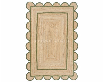Scalloped Jute Rug, Emerald Green Scallop Rug, Natural Jute Rug, Jute Area Rug,  BohoJute Rug, Custom Size Rug, Jute Runner Rug