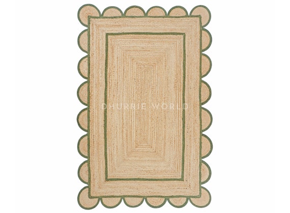 Scalloped Jute Rug, Emerald Green Scallop Rug, Natural Jute Rug, Jute Area Rug,  BohoJute Rug, Custom Size Rug, Jute Runner Rug