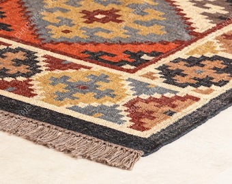 Kilim Rug, Vintage Wool Jute Rug, Bohemian Indian Jute Rug, Moroccan Rug, Boho Jute Rug Southwestern Nordic Kilim Rug, Turkish Kilim