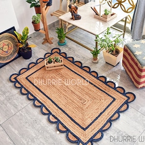 Navy Scalloped Jute Rug, Scallop Edge Rug, Christmas Decorative Rug, Natural Jute Rug, Jute Area Rug, Handwoven Jute Rug, Custom Rug