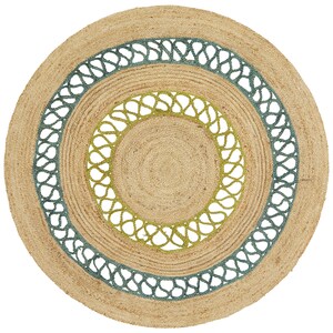 May include: Round jute rug with concentric circles. The rug features a natural tan color with two decorative rings in teal and lime green. The outer teal ring has an open, woven design. The rug is a decorative floor covering.