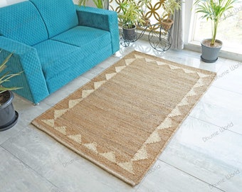 Bohemain Natural Jute Rug, Boho Decor Jute Area Rug, Geometric Hemp Jute Rug, Custom Size Rug, Living Room Rug, Handwoven Jute Rug