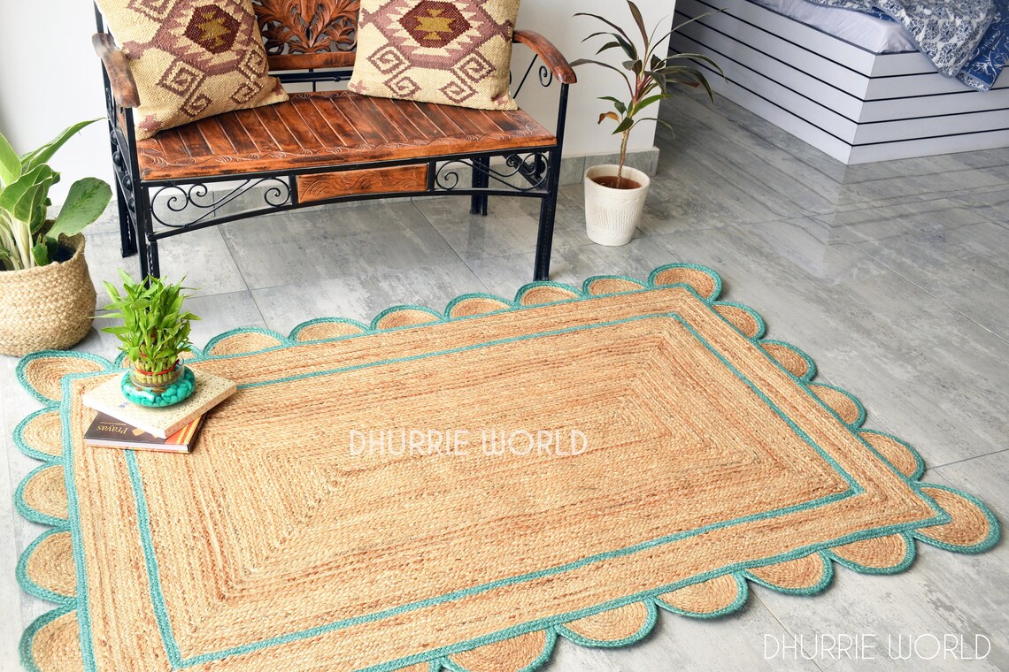 Scallop Edge Jute Rug Scalloped Pattern Rug Bohemian Area Etsy UK