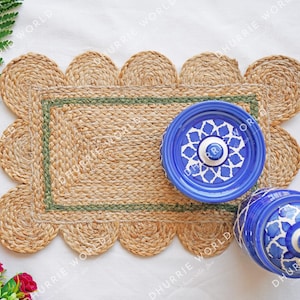 Scalloped Jute Placemats, Farmhouse Natural Jute Placemat, Boho Tablemats, 12x18 Inch