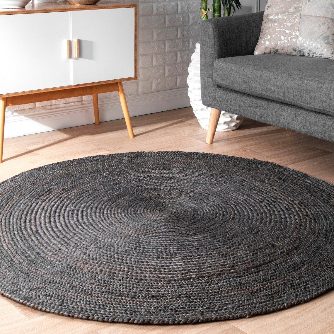 4x4 5x5 6x6 7x7 8x8 Black Jute Braided Round Rug Natural Etsy