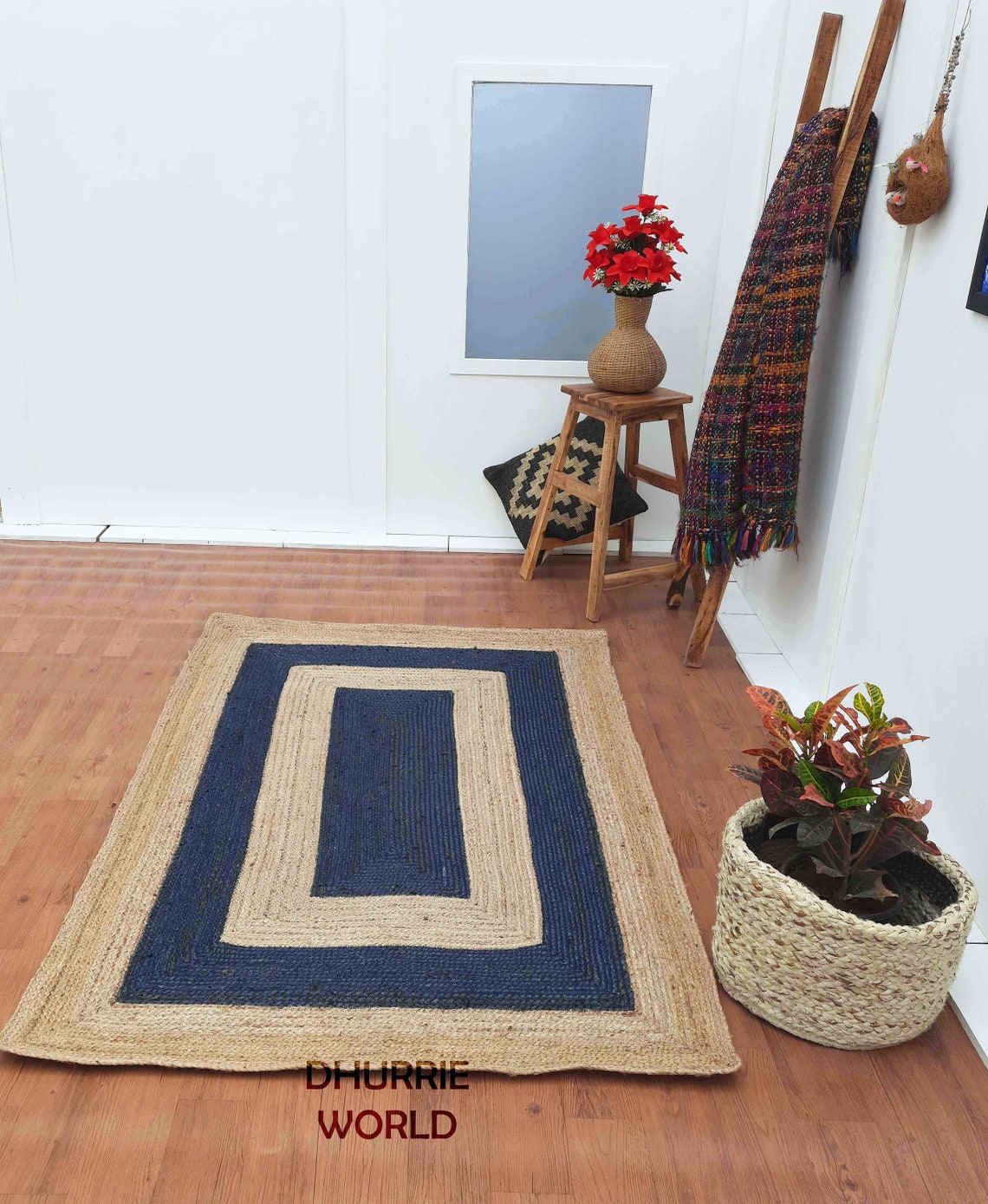6x9 8x10 9x12 Natural Jute Rectangle Hand Braided Rug Navy Etsy