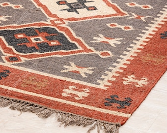 Kilim Rug, Wool Jute Rug, Traditional Dhurrie Jute Rug, Boho Jute Rug Southwestern Turkish Vintage Kilim Rug, Rustic Kilim Rug