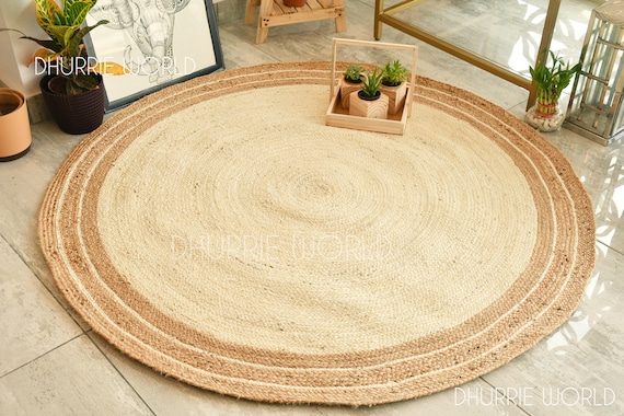 Natural Jute Braided Round Rug, Bordered Bohemian Jute Area Rug