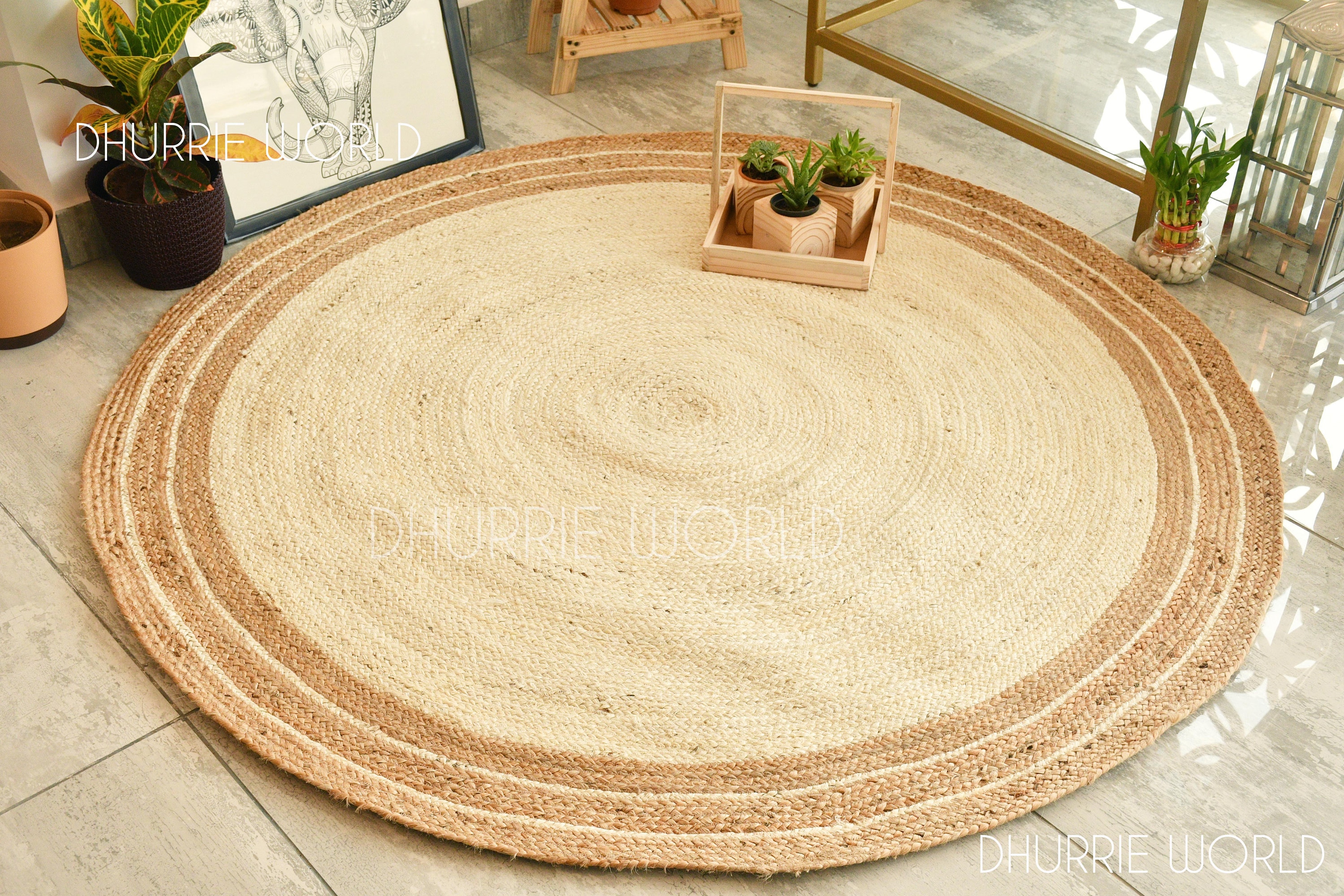 Natural Jute Braided Round Rug, Bordered Bohemian Jute Area Rug