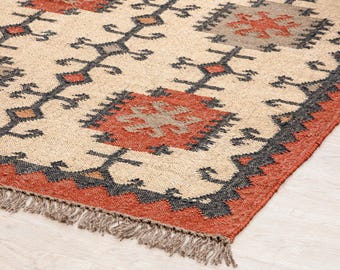 Kilim Rug, Handwoven Wool Jute Rug, Navajo Jute Rug, Boho Jute Rug, Southwestern Wool and Jute Kilim Rug,  Moroccan Rug, Turkish Rug