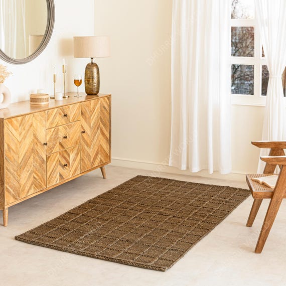 Checkered Jute Hemp Rug, Custom Size Boho Rug, Hallway Runner, Boho Brown Jute Rug, Large Jute Rug, Checker Board Rug, Indian Jute Rug