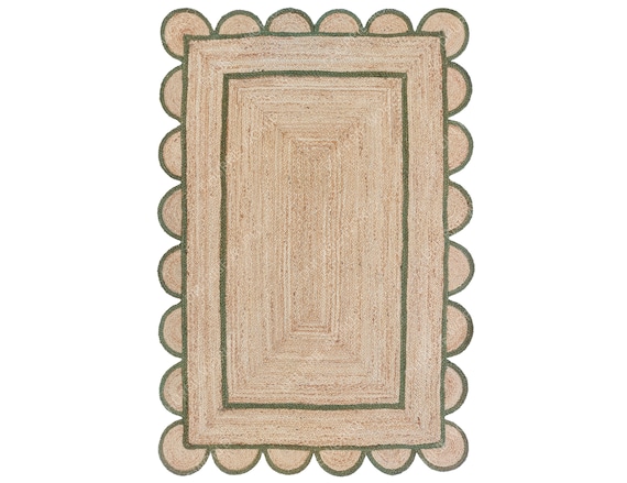 Scalloped Jute Rug, Scallop Rug, Natural Jute Rug, Emerald Green Rug, Boho Area Rug, Bohemian Jute Rug, Custom Size Rug, Jute Runner Rug