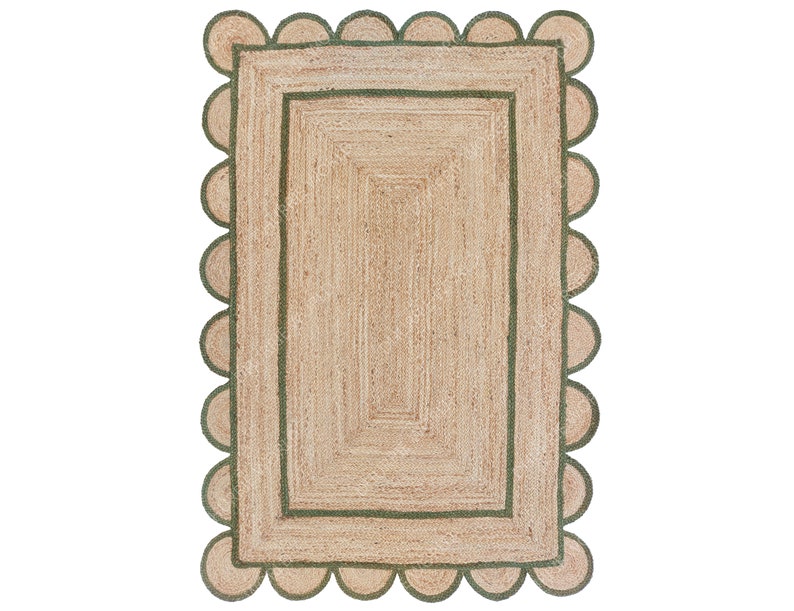 Scalloped Jute Rug with Emerald Green Border