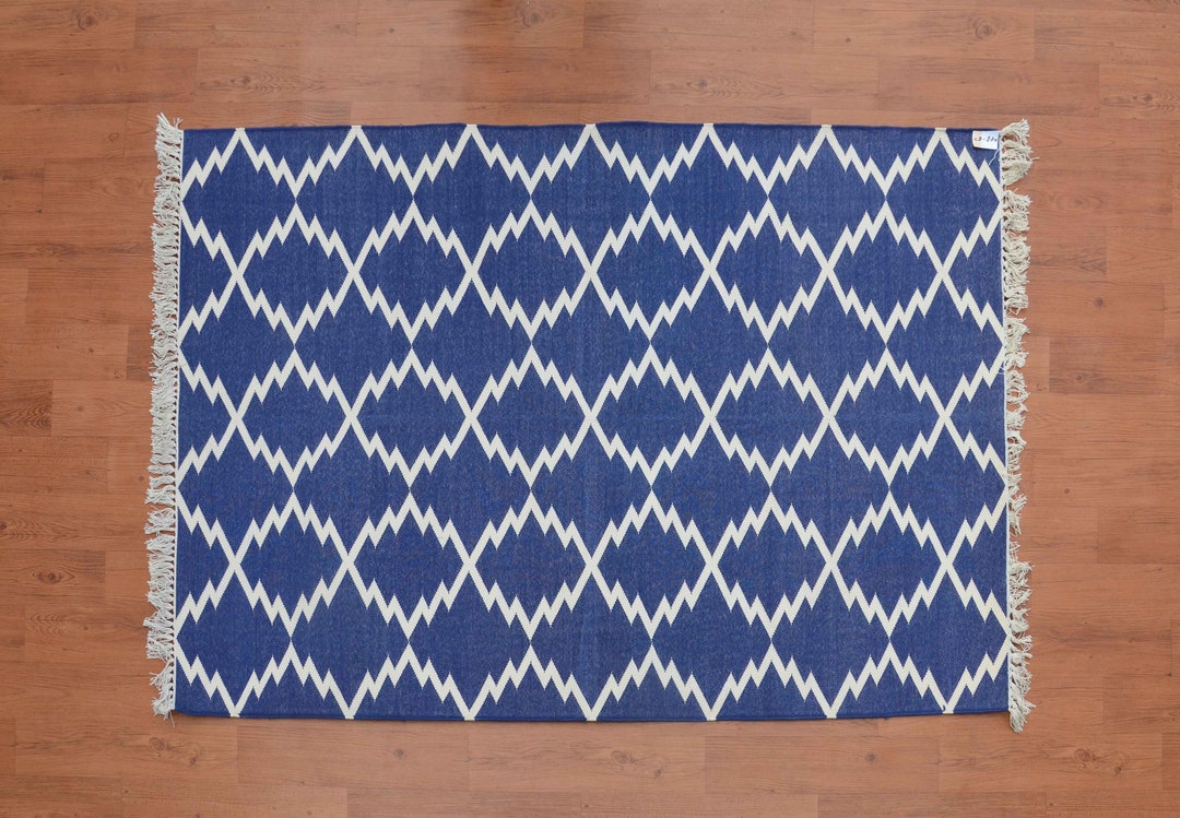 Geometrical Cotton Dhurrie Rug, 4x6, Blue Rug, Moroccan Rug