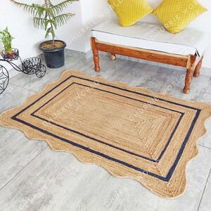 Scalloped Jute Rug with Navy colored border. Handmade of 100% Natural Jute.
