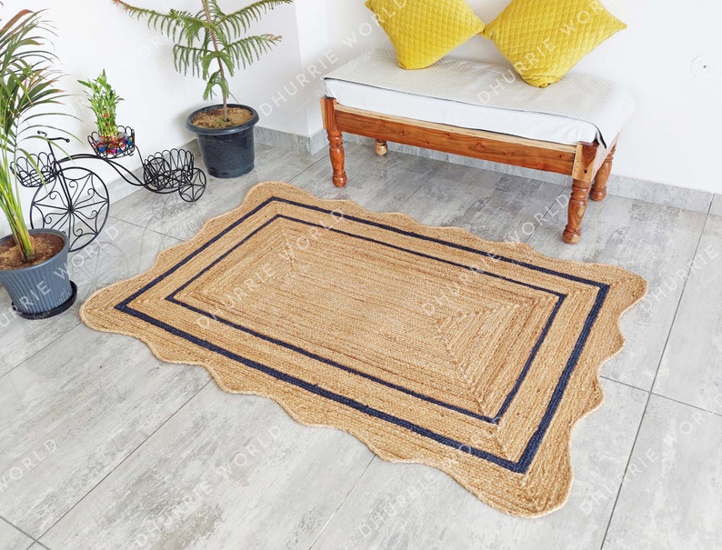 Scalloped Jute Rug with Navy colored border. Handmade of 100% Natural Jute.