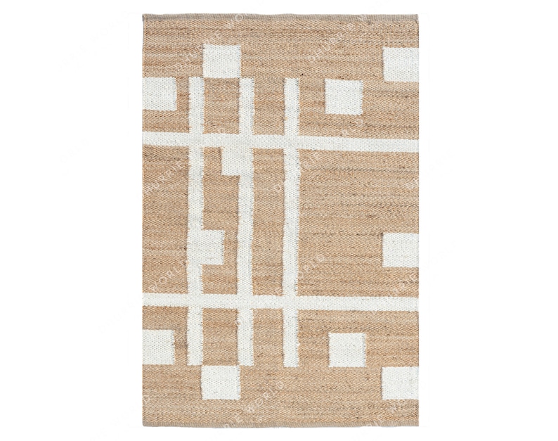 May include: A natural fiber rug with a geometric pattern in white on a beige background. The rug has a woven texture.