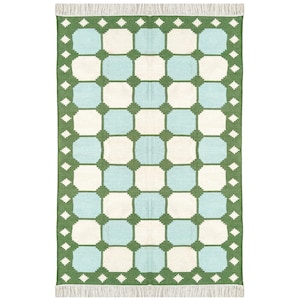 Handwoven Cotton Dhurrie Rug, Traditional Green Dhurrie, Boho Flatweave Cotton Rug, Indian Antique Vintage Rug