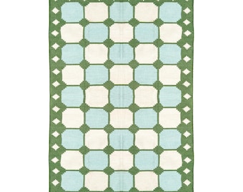 Handwoven Cotton Dhurrie Rug, Traditional Green Dhurrie, Boho Flatweave Cotton Rug, Indian Antique Vintage Rug