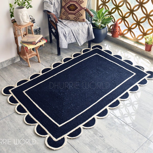 Black Jute Scallop Edge Rug, Scallop Pattern Rug, Natural Jute Rug, Bohemian Area Rug, Handwoven Jute Rug, Custom Rug, Decorative Rug