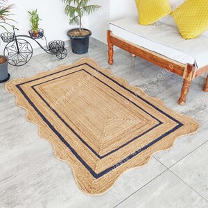 Scalloped Jute Rug with Navy colored border. Handmade of 100% Natural Jute.