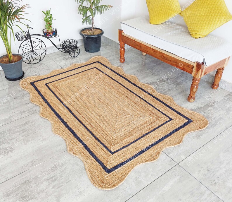 Scalloped Jute Rug with Navy colored border. Handmade of 100% Natural Jute.