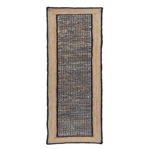 Natural Jute Black Runner Rug, Hand Woven Jute Hallway Runner, Bohemian Hemp Rug, Jute Large Area Rug, Living Room Rug, Textured Rug