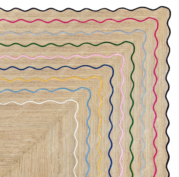 Scallop Jute Rug, Natural Jute Wavy Edge Rug, Scalloped Border Rug, Bohemian Jute Rug, Boho Decor Area Rug, Custom Size Jute Rug