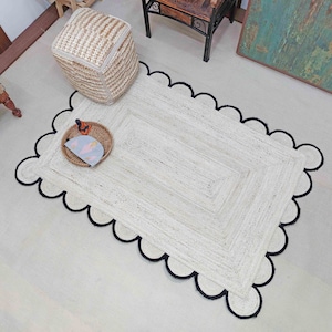Scalloped Jute Rug, Scallop Edge Rug, Off White Jute Rug, Natural Jute Area Rug, Boho Jute Rug, Custom Size Rug, Scallop Jute Rug