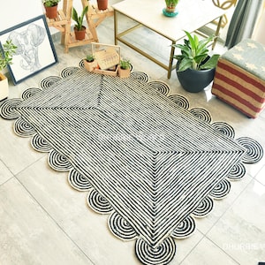 Black Scalloped Jute Rug, Scallop Jute Area Rug, Natural Jute Boho Rug, Bohemian Decor Rug, Custom Size Rug, Handwoven Jute Rug