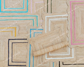 Scalloped Jute Rug - Bohemian Scalloped Jute Area Rug, Wave Edge Rug, Natural Jute Rug, Rectangular Jute Rug, Custom Jute Rug