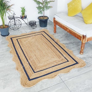 Scalloped Jute Rug with Navy colored border. Handmade of 100% Natural Jute.