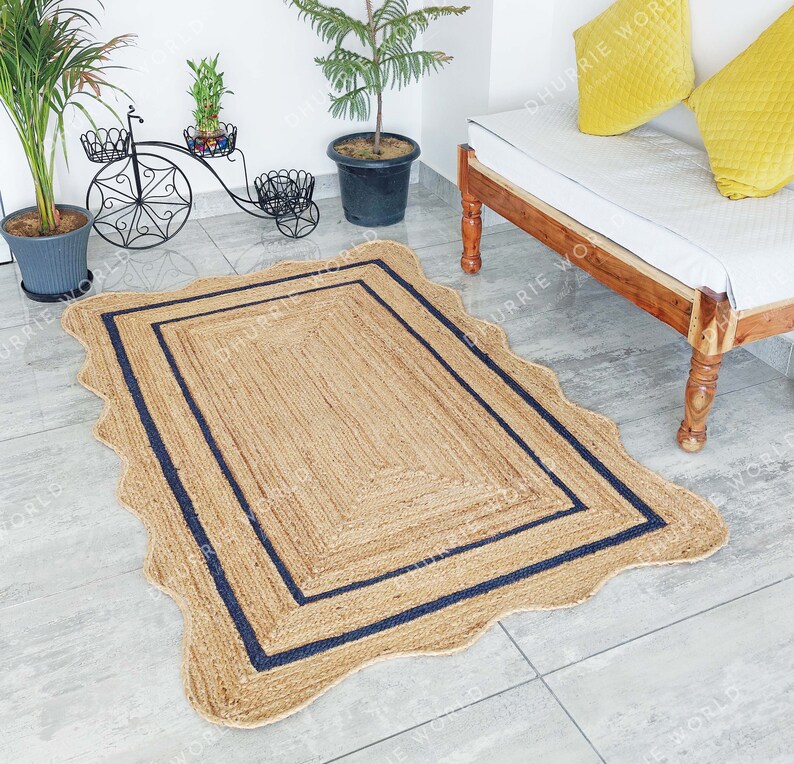Scalloped Jute Rug with Navy colored border. Handmade of 100% Natural Jute.