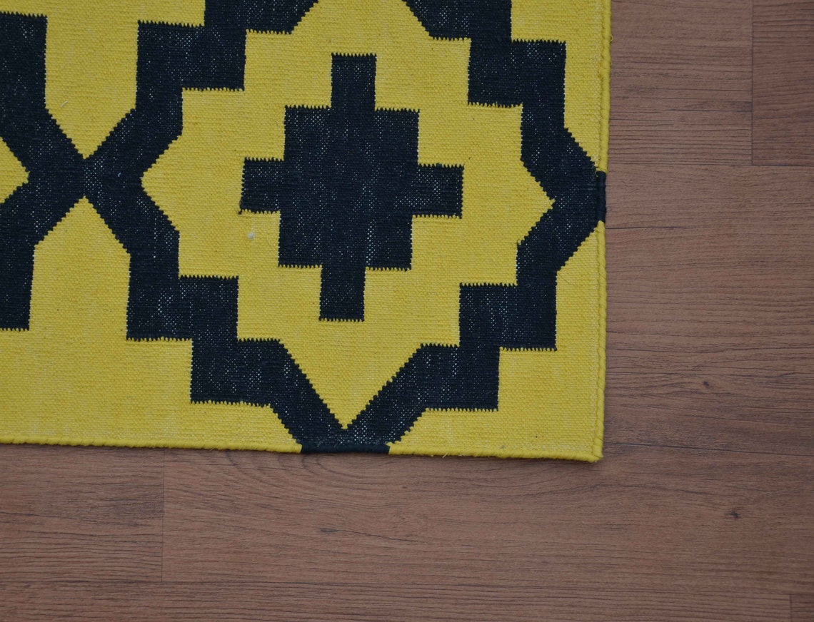 Yellow Cotton Dhurrie Rug 2x3 Navajo Rug Geometrical Rug Etsy