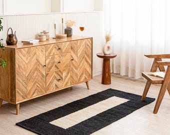 Tapete listrado de juta e cânhamo, tapete preto feito à mão, corredor, tapete, decoração boho, corredor longo de entrada, tapete de juta e cânhamo
