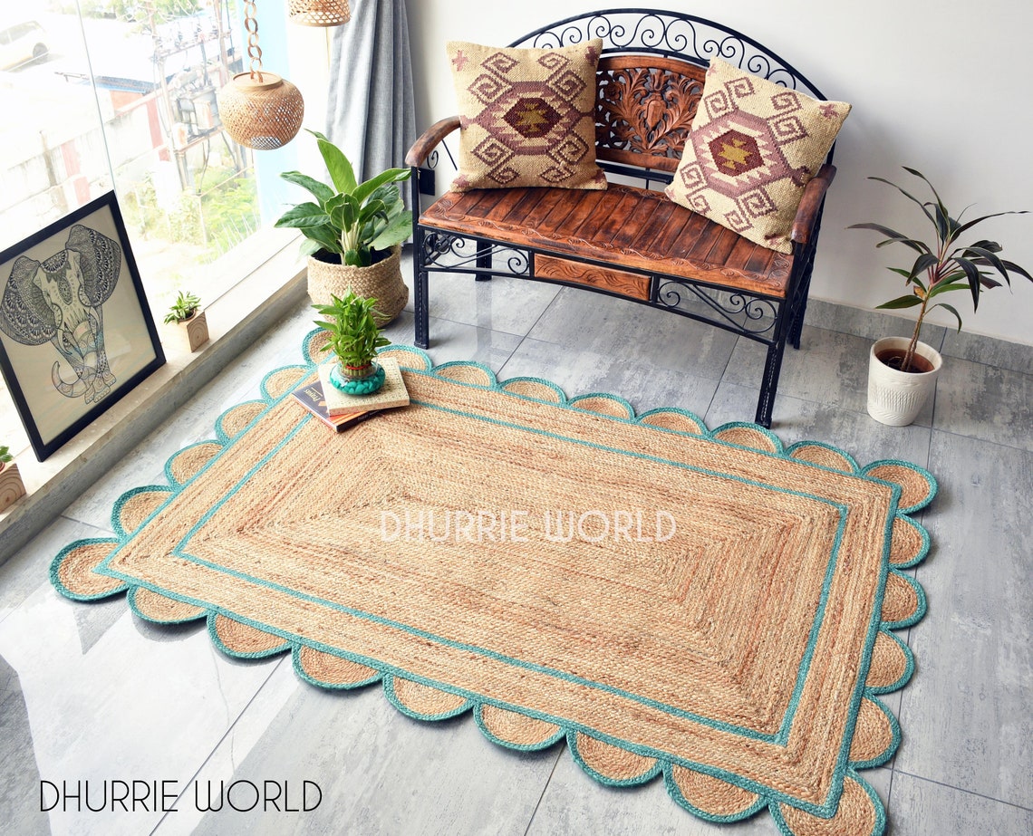 Scallop Edge Jute Rug Scalloped Pattern Rug Bohemian Area Etsy UK
