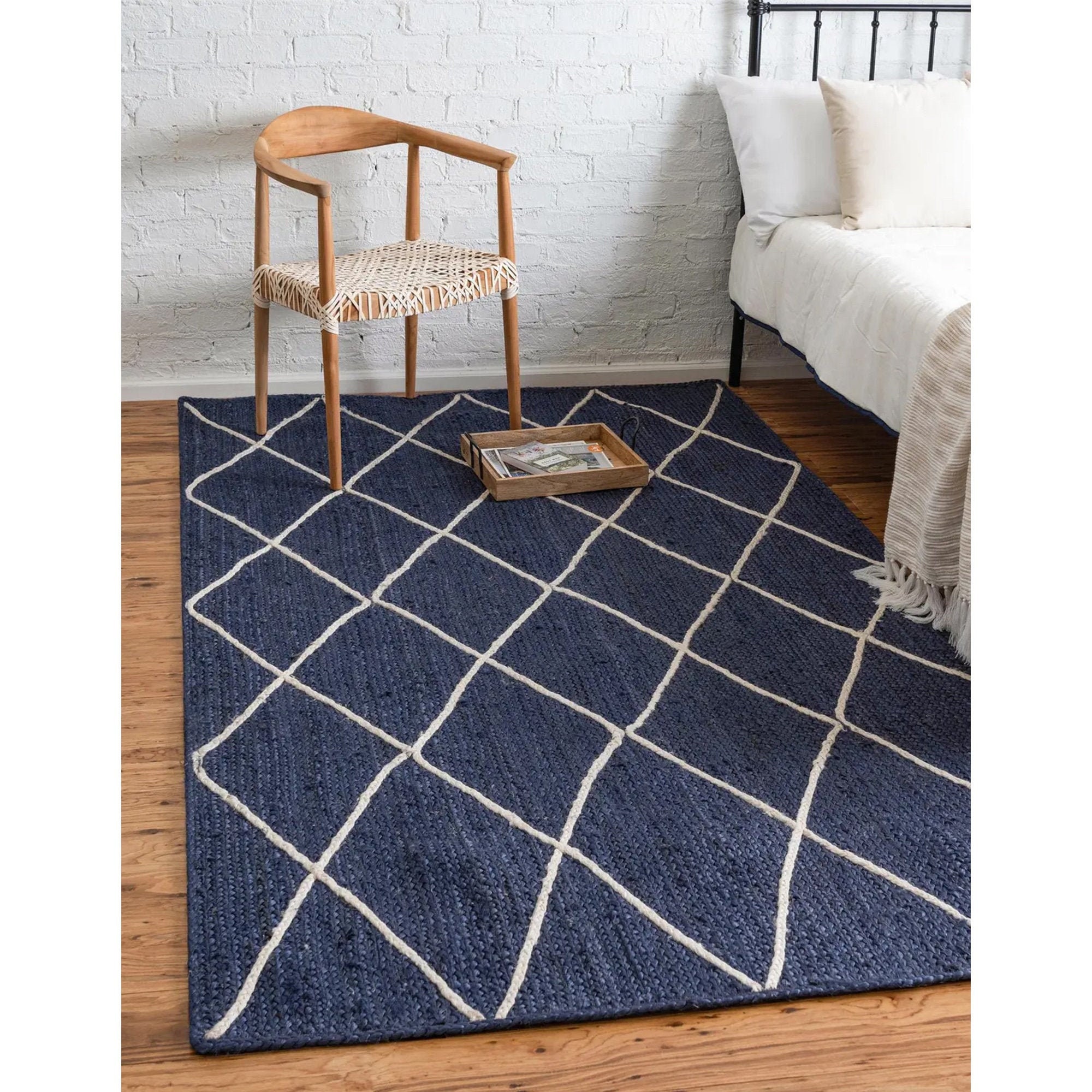 8X10 Natural Navy Jute Handwoven Area Rug Home Decor Large Rug Etsy