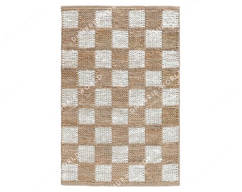 Tappeto a scacchi, tappeto a righe testurizzate, tappeto di iuta naturale Boho, tappeto Boho, tappeto di dimensioni personalizzate, tappeto bianco sporco, tappeto corridore di iuta, tappeto moderno