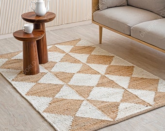 Tappeto di iuta a quadretti con diamanti, tappeto di iuta bianco beige, tappeto di dimensioni personalizzate, tappeto di iuta, corridore del corridoio, tappeto di iuta Boho, tappeto di iuta strutturato