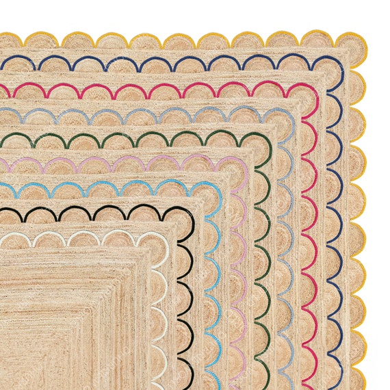 Natural Jute Scalloped Rug, Bohemian Scallop Rug, Natural Jute Rug, Boho Decor Rug, Area Rug, Handwoven Jute Rug, Custom Size Rug
