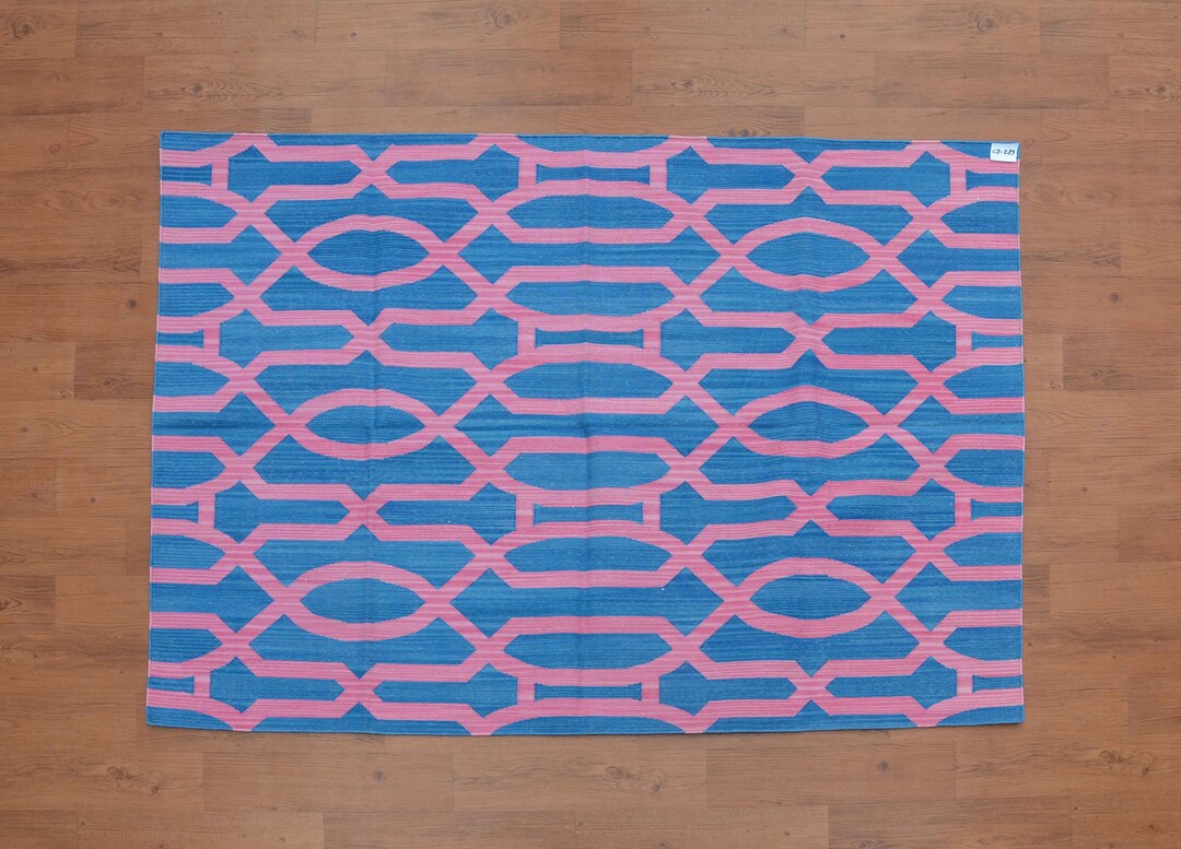 Blue Pink Geometric Dhurrie Rug 4x5'10 Etsy