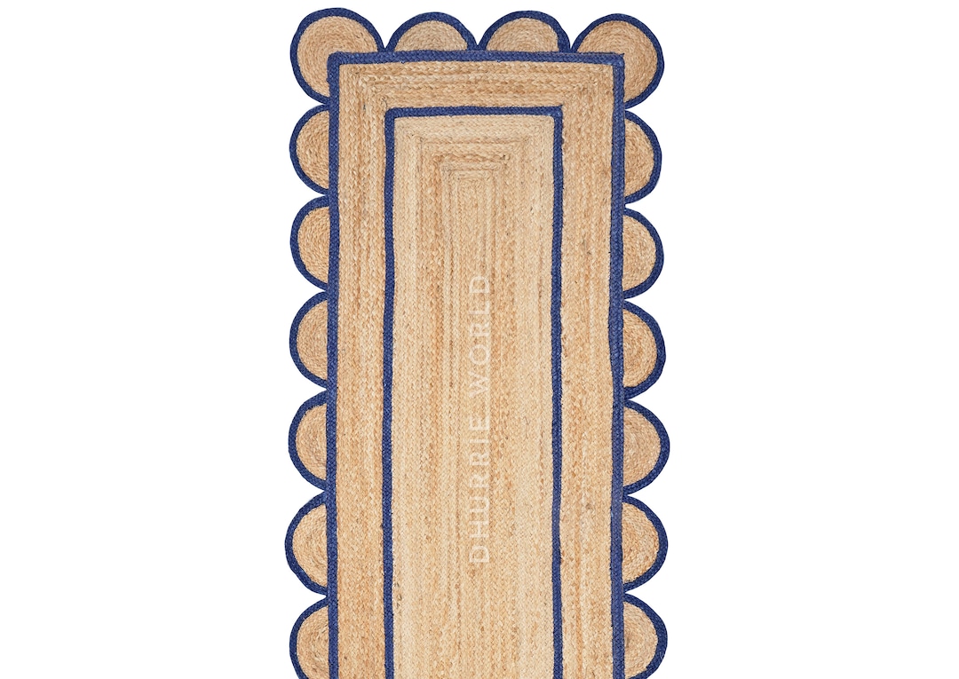 Scalloped Jute Runner Rug, Natural Scalloped Edge Rug, Custom Size Rug