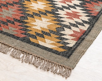 Yute Kilim Rug Wool Yute Vintage Rug, Alfombra Kilim marroquí, Alfombra turca del suroeste, Dhurrie tejida a mano, Alfombra escandinava, Alfombra Boho